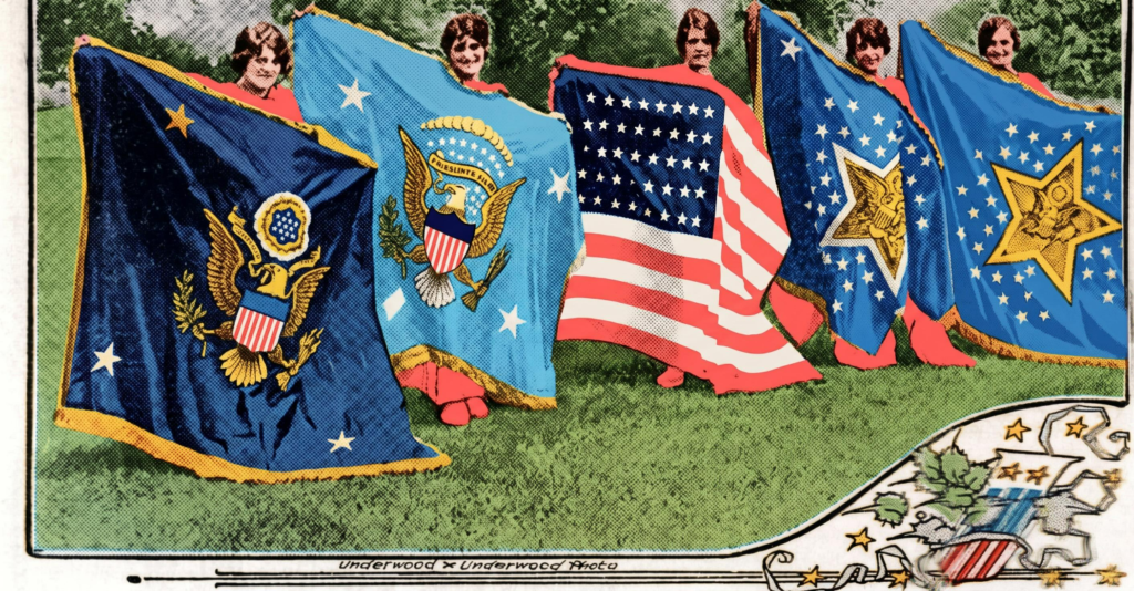 Colorized 1930 photo of glamorous women displaying assorted old American flags