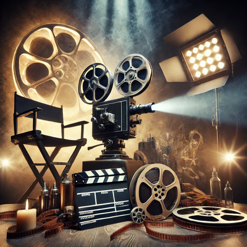 Illustration of Hollywood-style movie camera, film reels, director's chair and clapperboard