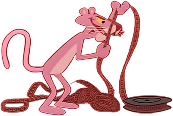 cartoon figure of the Pink Panther snarling as he examines a reel of film.