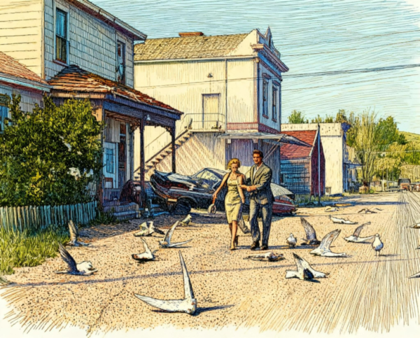 AI enhanced photo still of Tippi Hedren and Rod Taylor in The Birds